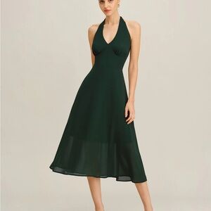 Green Chiffon A-Line Halter Midi Dress